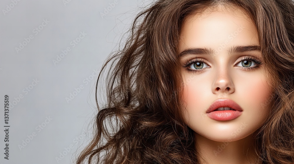 Fototapeta premium Beautiful woman is posing with soft makeup and wavy brown hair in a studio environment.