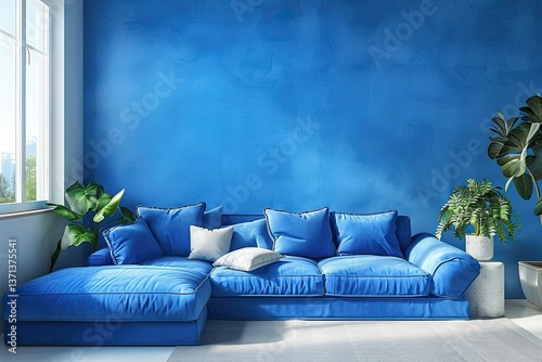 Blue Home Living Room Interior with Lounge Zone and Decoration, Mockup Wall