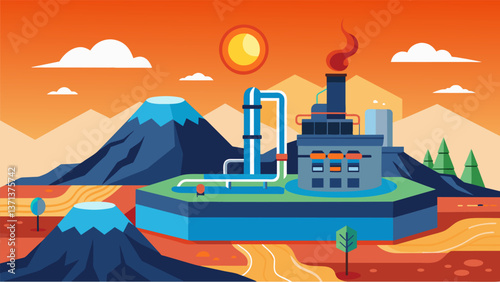 A futuristic geothermal power plant utilizing advanced technology to turn the Earths heat into clean and renewable energy.. Vector illustration