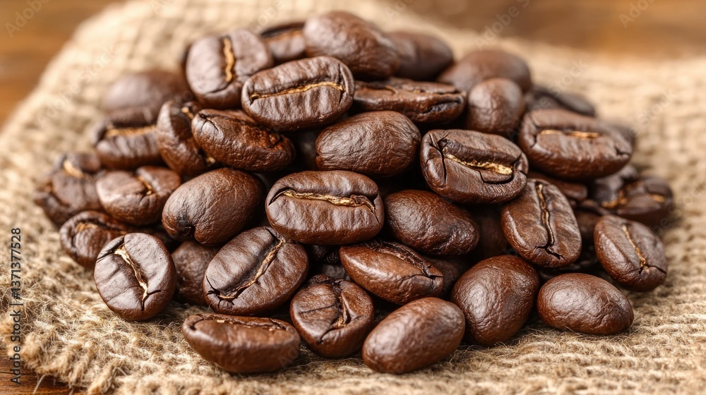 Naklejka premium Close-up of a mound of freshly roasted coffee beans on a rustic burlap background