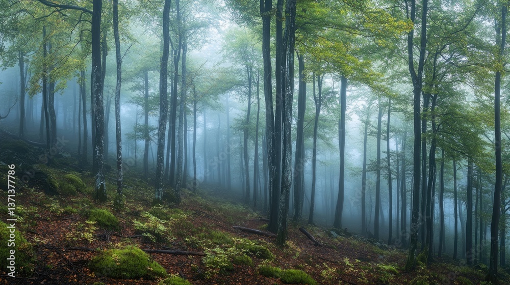Fototapeta premium Panorama of a beech and oak forest in thick fog