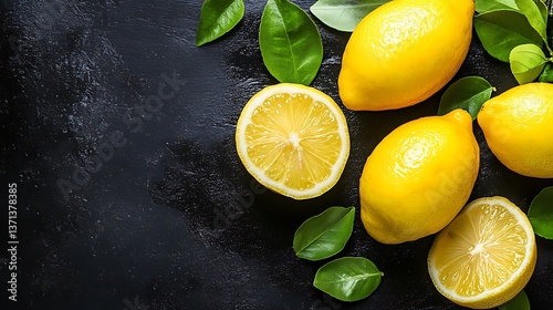 Fresh Lemons and Green Leaves on a Dark Background / ダークな背景に新鮮なレモンと緑の葉