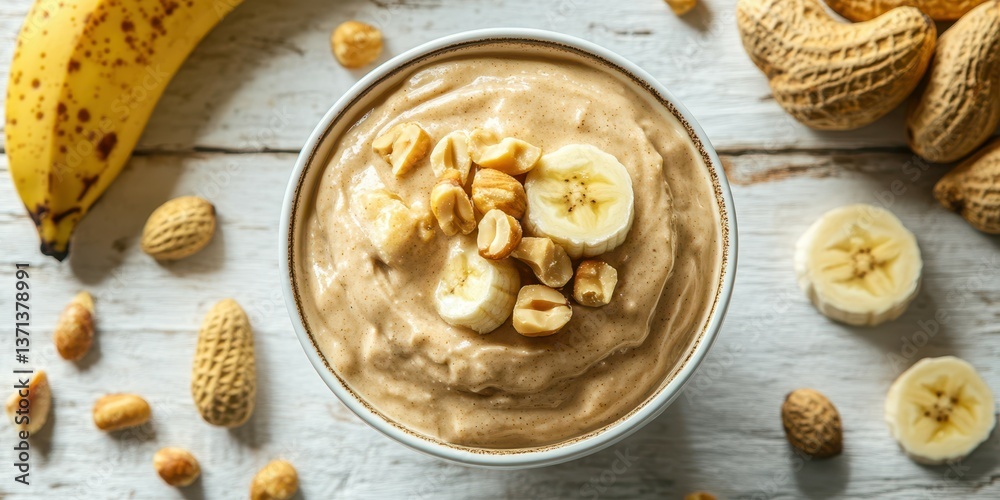 Creamy banana and peanut butter smoothie bowl topped with chopped bananas and peanuts on rustic wood Creamy banana and peanut butter smoothie bowl topped with chopped bananas and peanuts on rustic wood