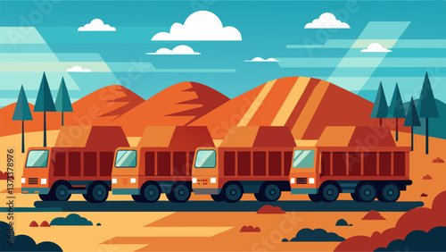 A fleet of trucks carrying bauxite ore to be loaded onto massive cargo ships bound for aluminum facilities around the world.. Vector illustration