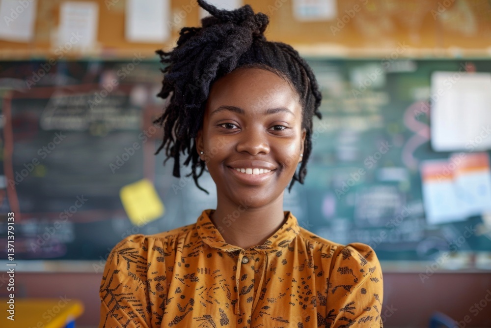 Portrait of a young smiling African American female teacher in front of a classroom Portrait of a young smiling African American female teacher in front of a classroom