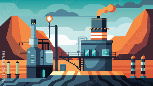 A futuristic rendering of a manmade underground facility dedicated to coal gasification complete with advanced machinery and control panels.. Vector illustration