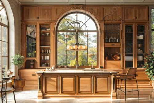 High Quality Visual of Front View of the Light Double Sided Kitchen Cabinet with Arch Window