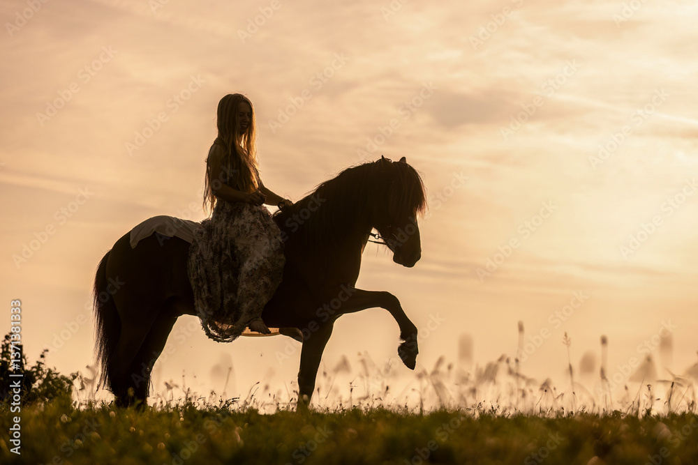 A female equestrian and her horse interacting together. Romantic freedom sunset scene