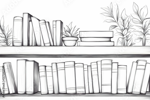 Detailed Line Art Bookshelf with Books Plants and Minimalist Interior Illustration