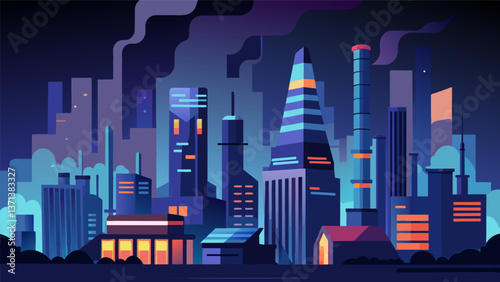 A futuristic cityscape lit up at night its towering buildings powered by heat recovery steam generators that capture and utilize the heat from the. Vector illustration