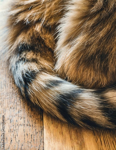 Fur of a Cat Curling Up Cozily on a Warm Wooden Floor