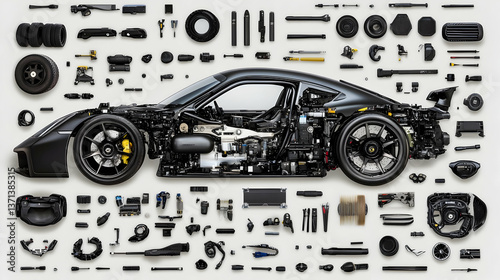 Deconstructed Black Car Parts Arranged On White Background Photo