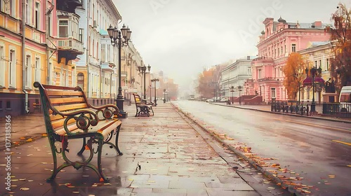 A peaceful urban street scene featuring benches and old buildings