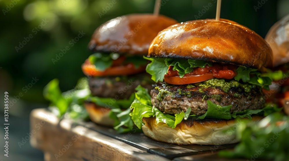Gourmet Grilled Burger with Fresh Lettuce and Tomato on Wooden Tray