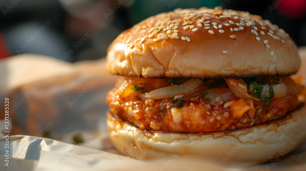 Close-Up of Spicy Kimchi Burger with Sesame Bun in Natural Light