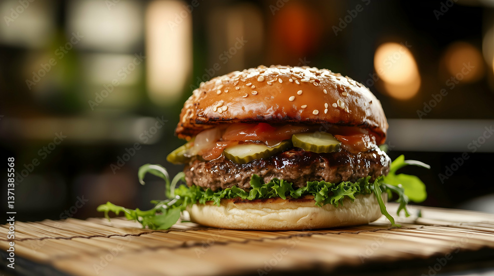 Delicious Gourmet Cheeseburger with Pickles and Lettuce on Wooden Surface