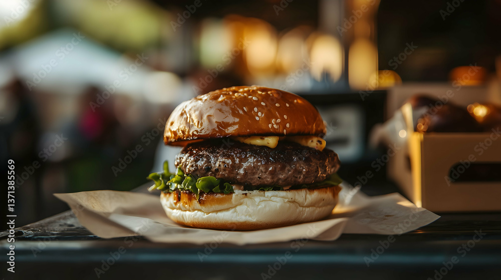 Street Food Beef Burger with Natural Light and Soft Background