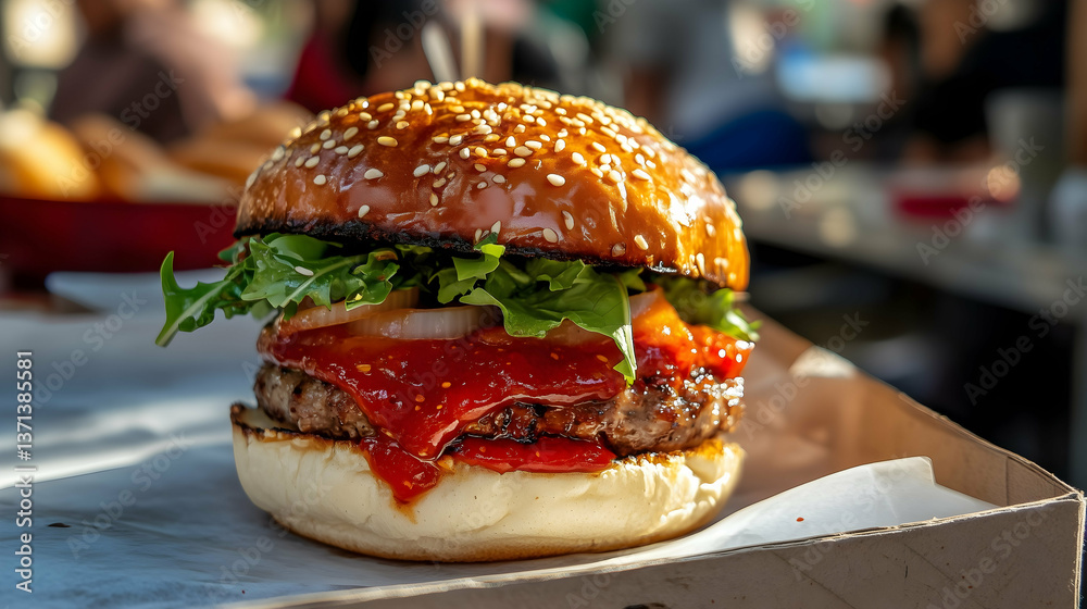 Juicy Gourmet Burger with Ketchup and Greens in Natural Light