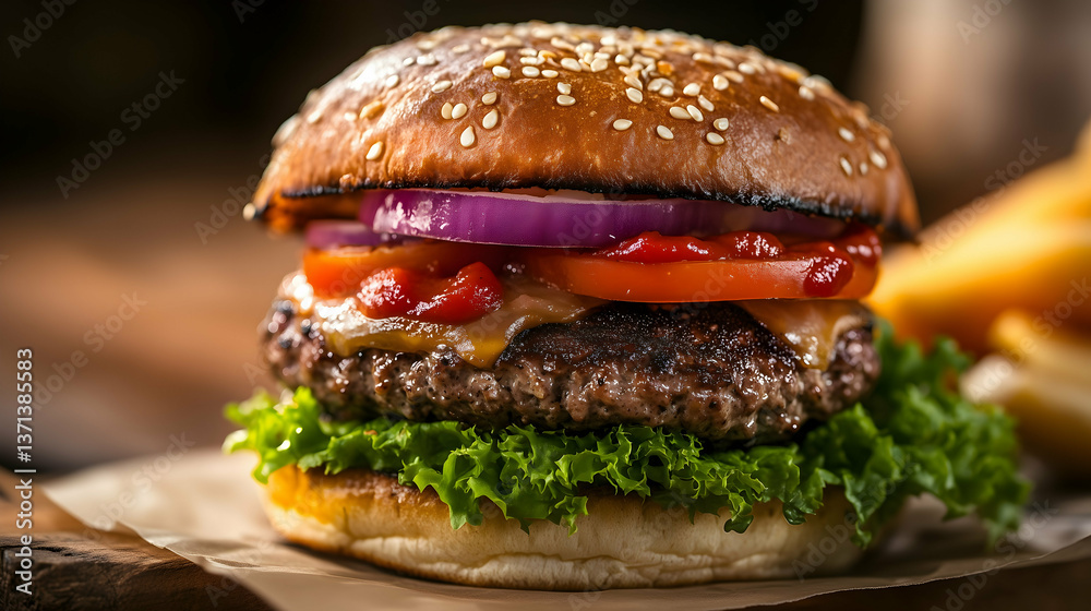 Delicious Grilled Cheeseburger with Fresh Vegetables and Ketchup