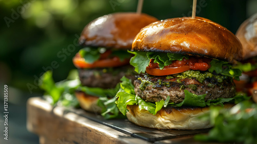 Obraz na płótnie Gourmet Grilled Burger with Fresh Lettuce and Tomato on Wooden Tray w salonie
