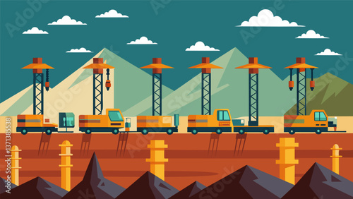 A group of intricate drilling rigs lined up in a row rapidly boring into the ground to extract minerals.. Vector illustration