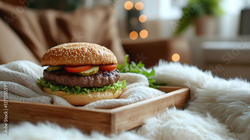 Cozy Homemade Burger on Wooden Tray with Soft Blankets and Warm Lighting