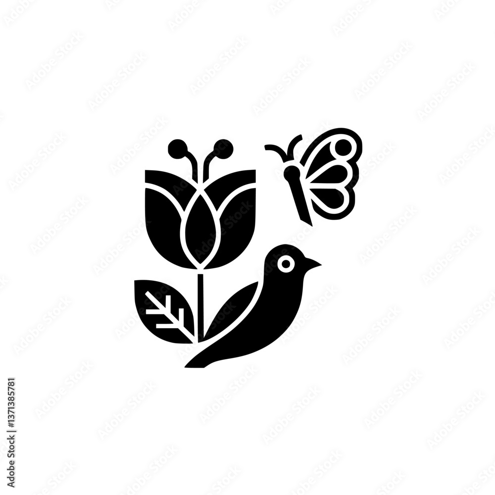 Obraz premium Minimalist Black & White Spring Illustration: Flower, Bird, Butterfly