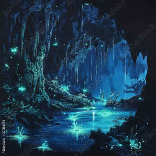 Enchanting Glowing Cave with Bioluminescent Features at Twilight