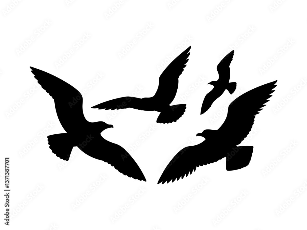 Obraz premium Flying gulls silhouette vector flat illustration design.