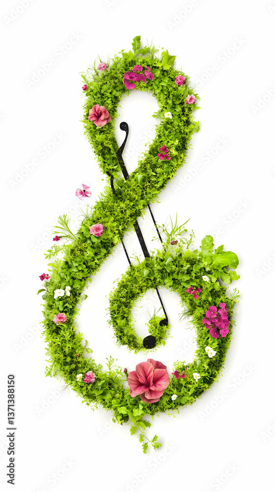 Fototapeta premium Floral Treble Clef Illustration With Green Leaves And Pink Flowers On White Background