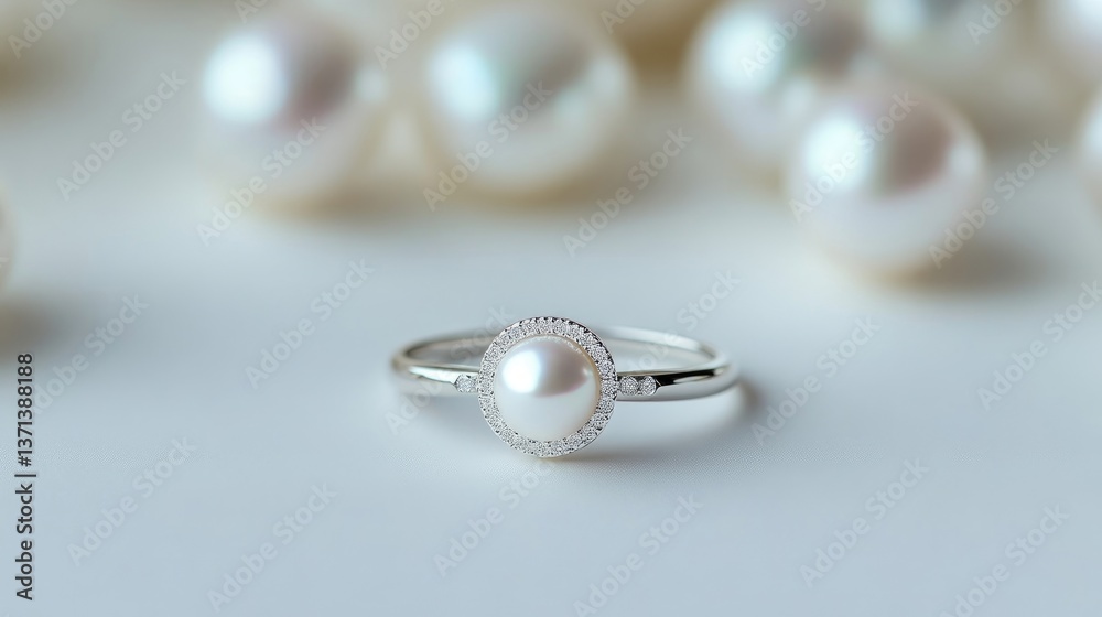 Pearl Ring Diamond Setting Elegant Jewelry Product Photography Close Up Soft Focus White Background Luxury Branding Pearl Ring Diamond Setting Elegant Jewelry Product Photography Close Up Soft Focus White Background Luxury Branding