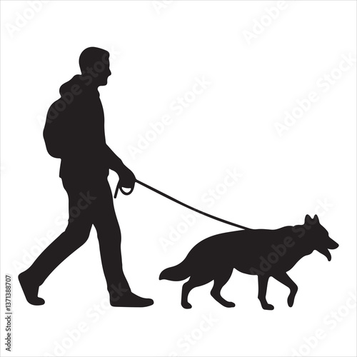 Man Walking German Shepherd - Dog Owner and Pet Silhouette Illustration