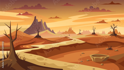 A barren desolate landscape devoid of life scarred by the relentless pursuit of tar sand extraction.. Vector illustration