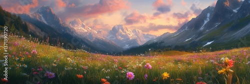 A vast field of wildflowers in diverse colors blooms at the foot of a snow-capped mountain range