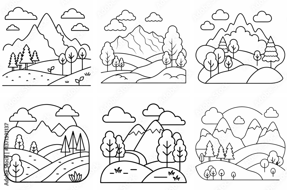 Naklejka premium Landscape Outline Coloring Book Page Line Art Drawing Set on White Background