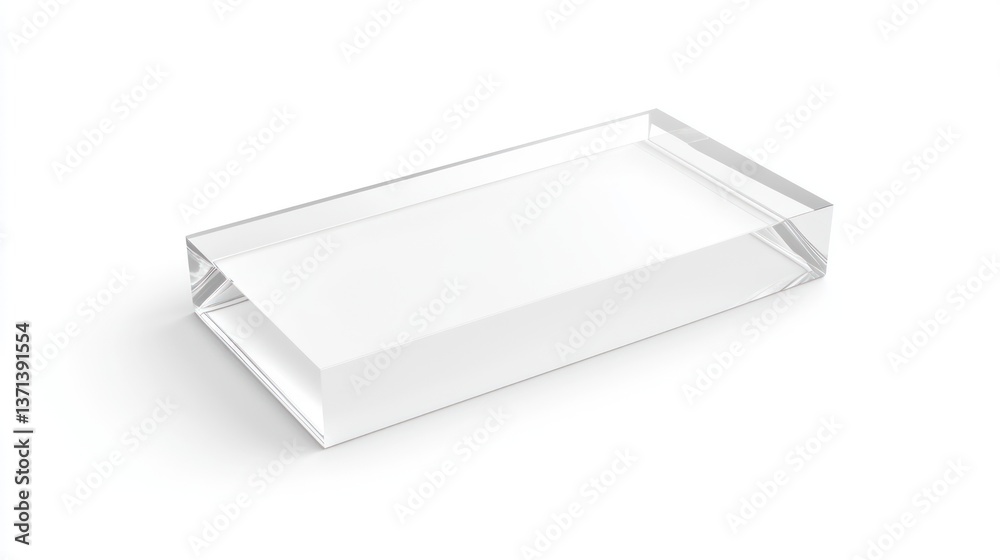 Clear rectangular acrylic display block on a white background, suitable for showcasing items or branding Clear rectangular acrylic display block on a white background, suitable for showcasing items or branding