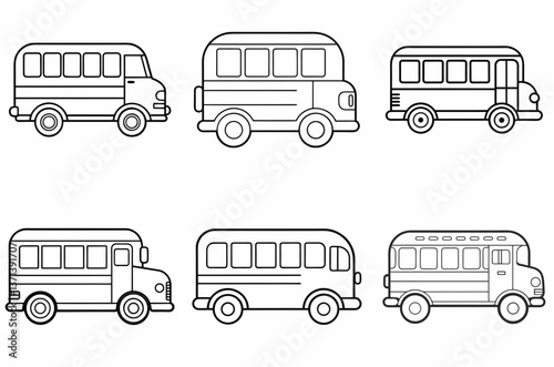School Bus Outline Coloring Book Page Line Art Drawing Set on White Background