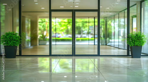 Modern Glass Entrance Interior With Green Plants and Natural Light Photo