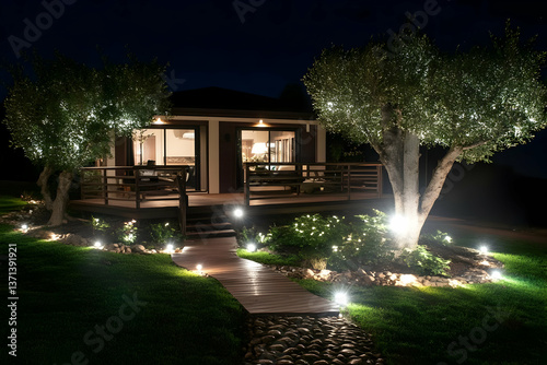 Night Exterior View Of Illuminated House With Garden And Trees