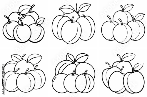Various Plums Outline Coloring Book Page Line Art Drawing Set on White Background