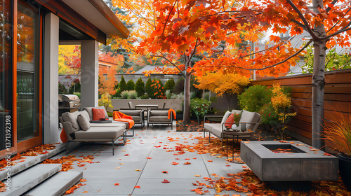 luxurious exterior design of a suburban house's patio reveals a picturesque scene, with vibrant foliage and cozy seating arrangements in golden glow of a crisp autumn sunset