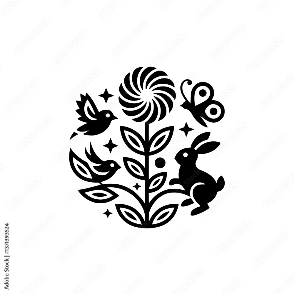 Monochrome Nature Emblem: Birds, Bunny, Flower, Butterfly Monochrome Nature Emblem: Birds, Bunny, Flower, Butterfly