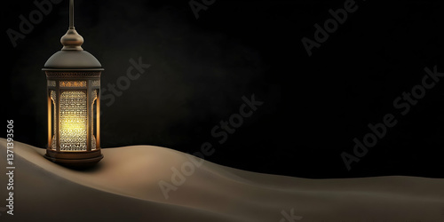 Photo of a Glowing Lantern on Sand with Dark Background and Warm Illumination