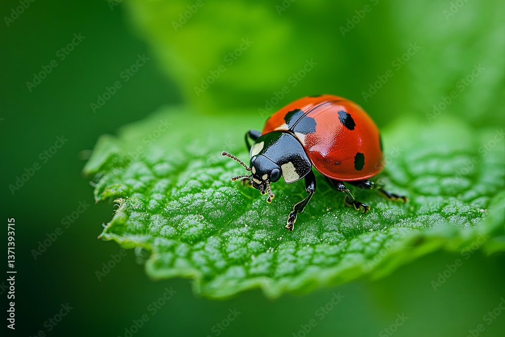 Fototapeta premium A close up photograph of a ladybug on a green leaf