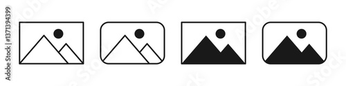 Photo icon set. Image gallery thumbnail symbol. App, website, or user interface design. Editable line width