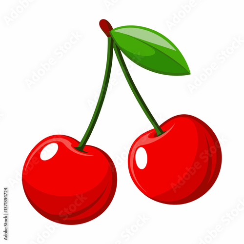 bright red cherries with attached stems