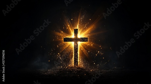 Christian cross glows with radiant light against a stark, dark background with golden particles.