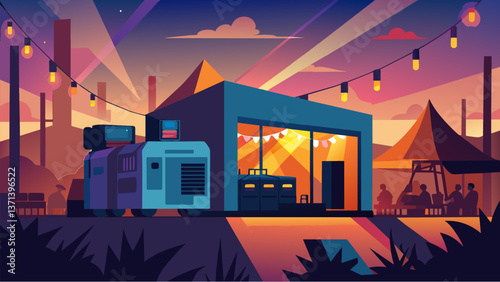 A large event venue was bathed in a warm glow thanks to the powerful diesel generator quietly working behind the scenes to keep the party going.. Vector illustration