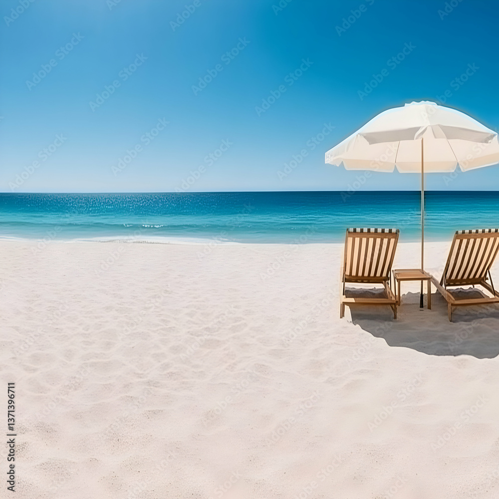 Fototapeta premium Photo of Beach Scene with Chairs Umbrella and Blue Ocean Sky