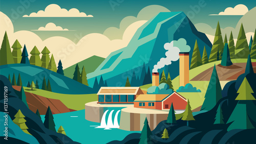 A facility nestled within a lush forest harnessing geothermal energy from naturally occurring hot springs.. Vector illustration